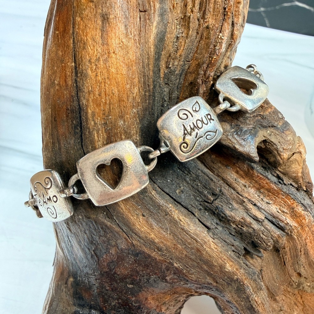 Brighton Love Amour Te Amo Heart Square Link Bracelet Silver Tone 7"